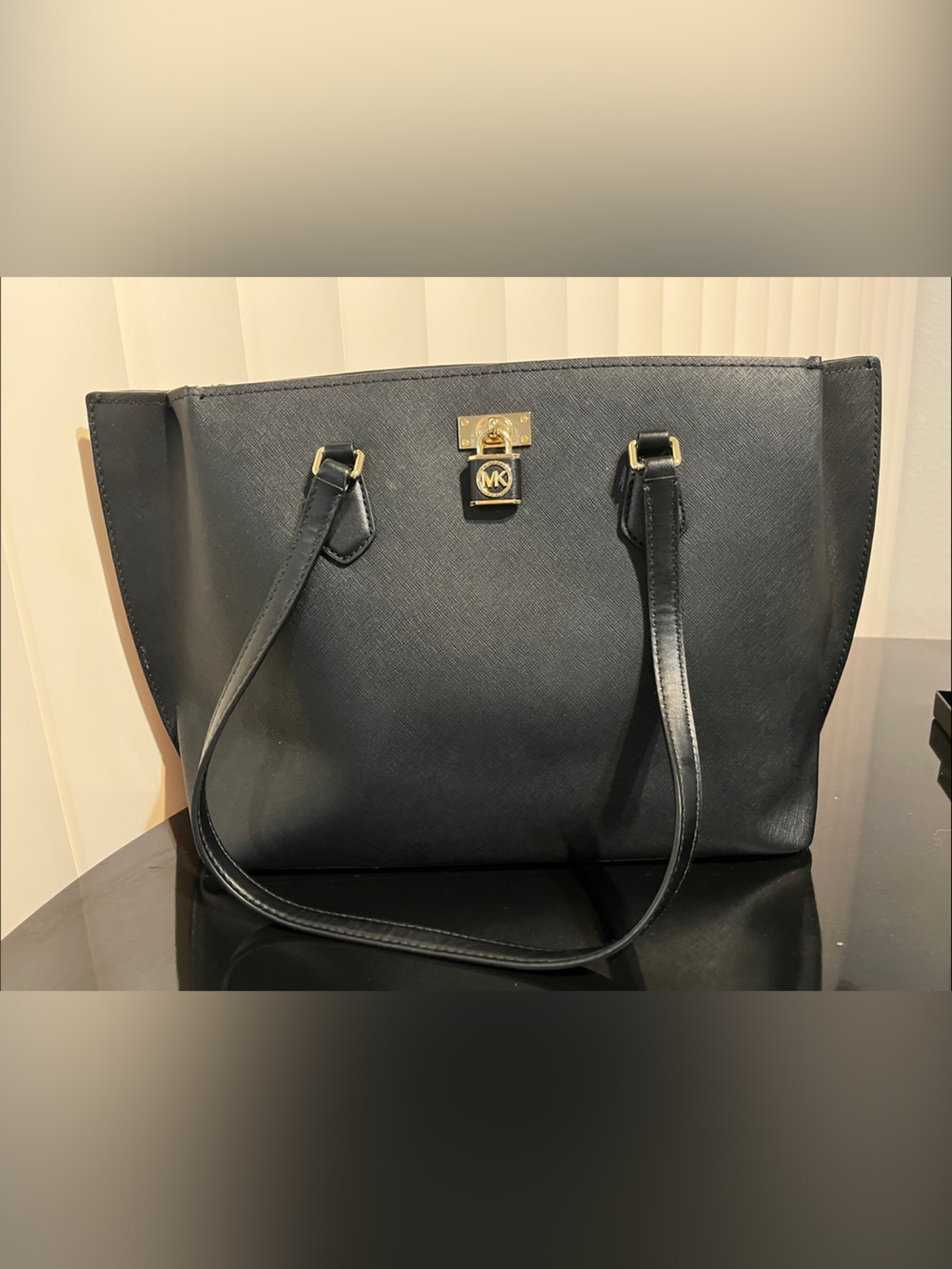 Michael Kors Black Leather Tote with Gold Lock Accent NWOT